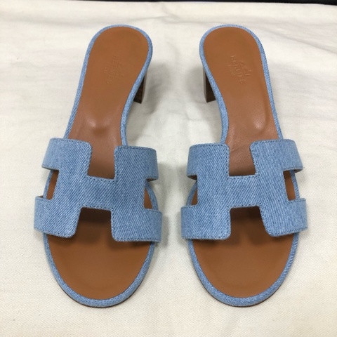Hermes/愛馬仕藍色牛仔H粗跟涼鞋36.5碼，跟高5cm