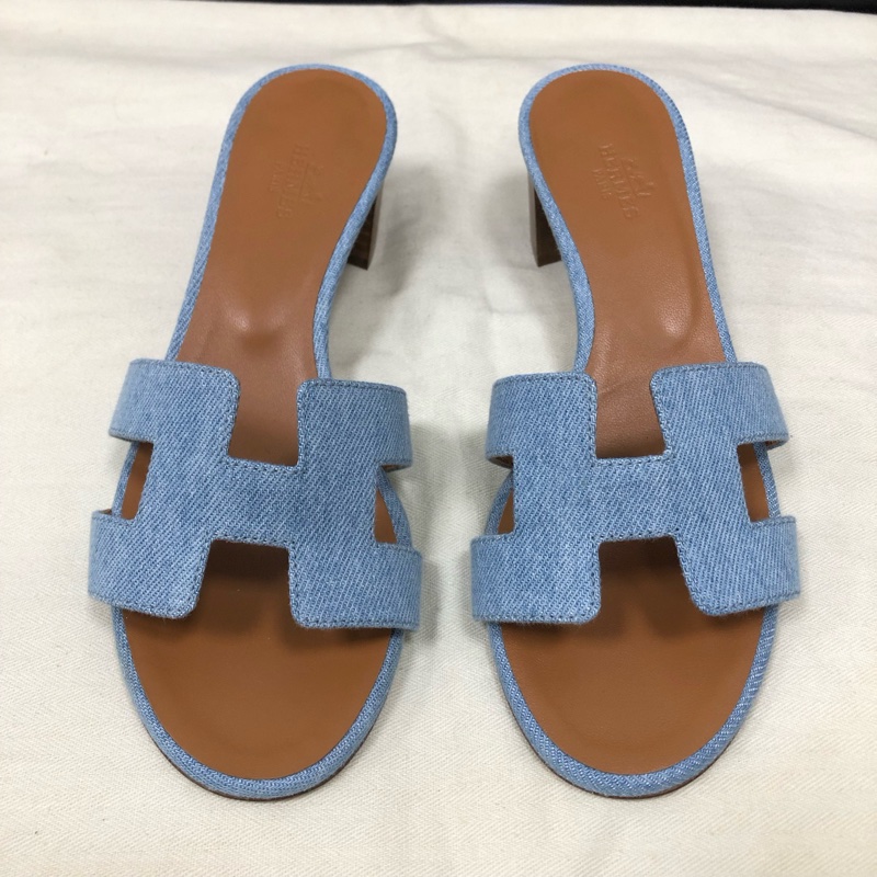 全新Hermes/愛馬仕藍色牛仔H粗跟涼鞋36.5碼,跟高5cm-0