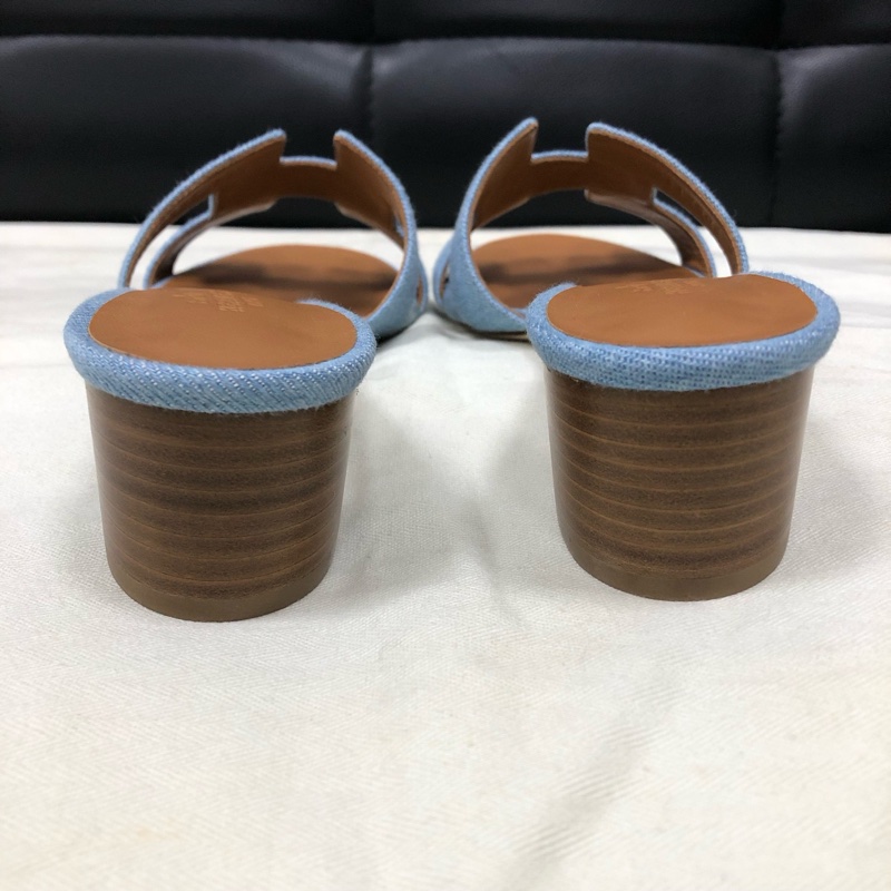 全新Hermes/愛馬仕藍色牛仔H粗跟涼鞋36.5碼,跟高5cm-1