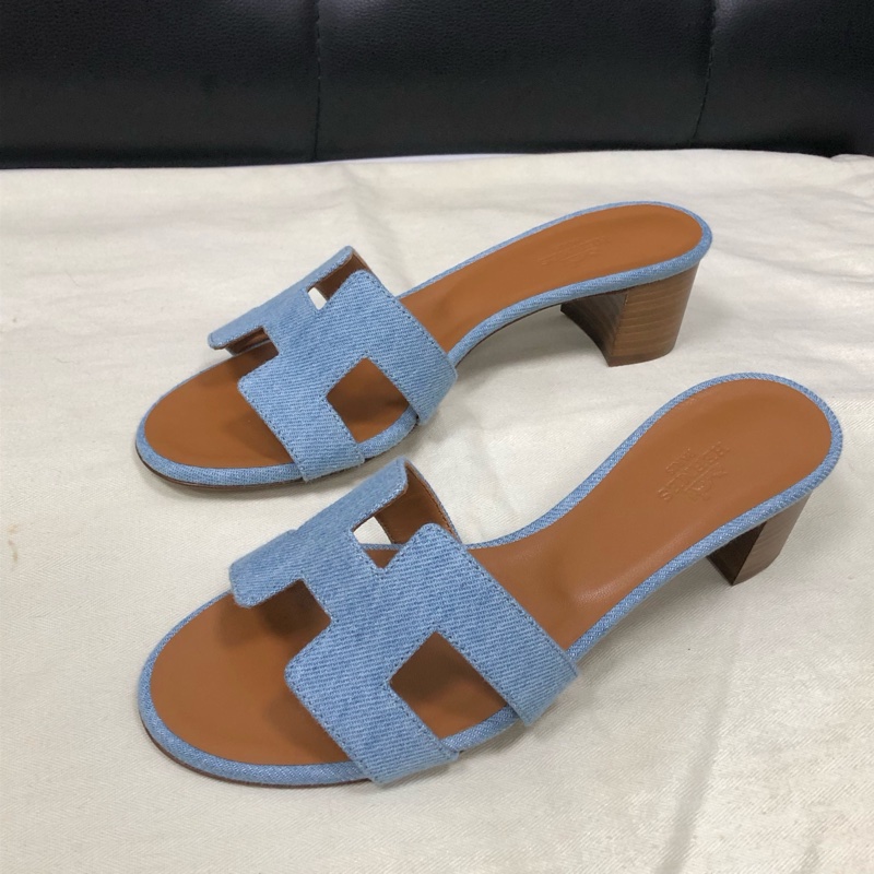 全新Hermes/愛馬仕藍色牛仔H粗跟涼鞋36.5碼,跟高5cm-2