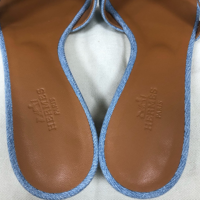全新Hermes/愛馬仕藍色牛仔H粗跟涼鞋36.5碼,跟高5cm-4