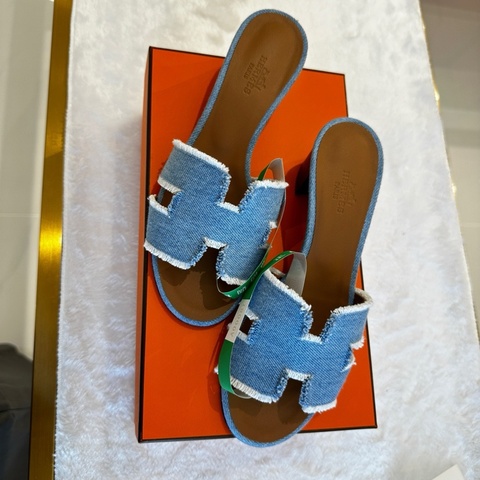 HERMES愛馬仕Oasis牛仔涼鞋 37碼跟涼拖鞋 送禮好物~