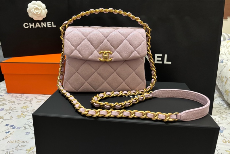🩷CHANEL 淡粉紫金復古金扣 手柄鏈條 芯片款 限量季節款 閒置近全新-7