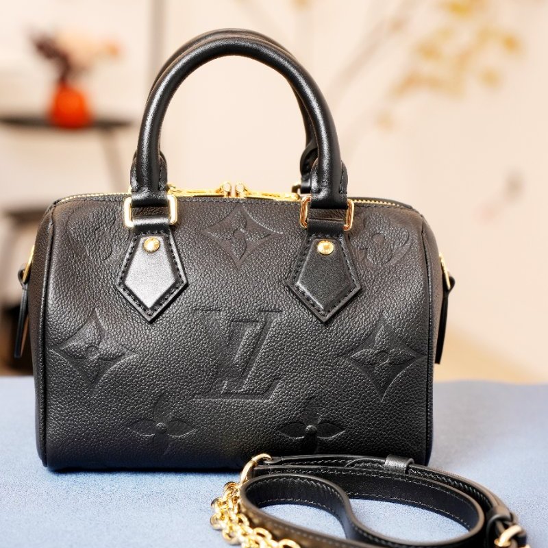 近全新 Louis Vuitton/路易威登 Speedy20 黑色壓紋牛皮斜挎包 芯片款-0