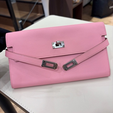 99新 Hermes愛馬仕 奶昔粉銀扣kelly長款錢包X刻 無附件