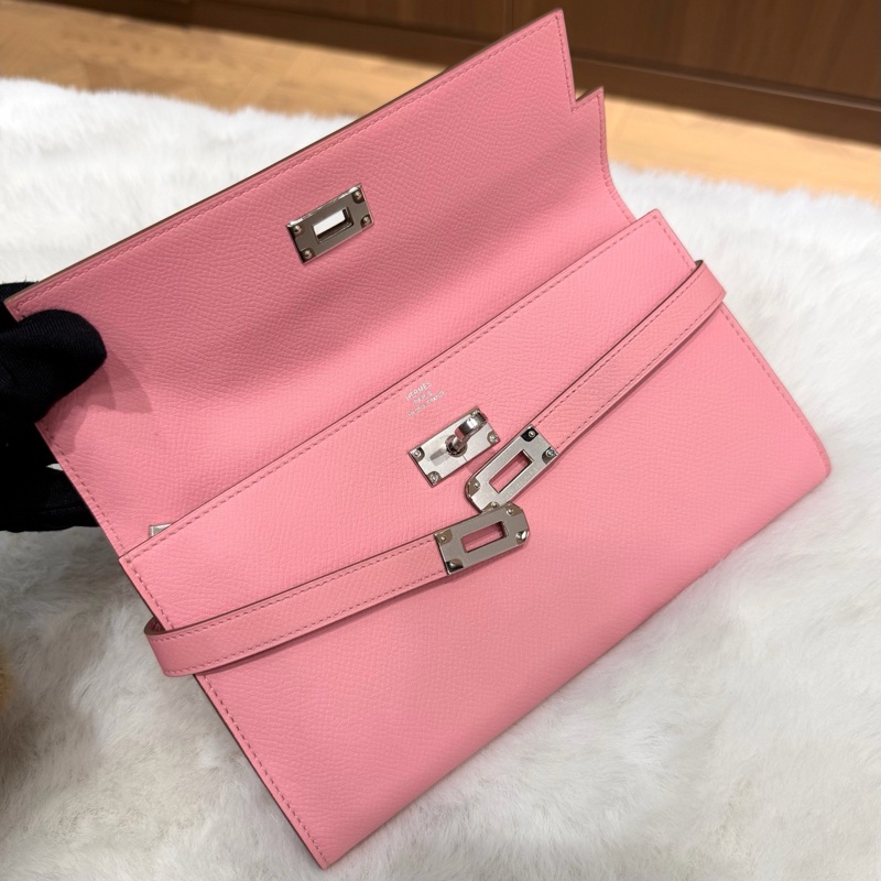 99新 Hermes愛馬仕 奶昔粉銀扣kelly長款錢包X刻 無附件-1