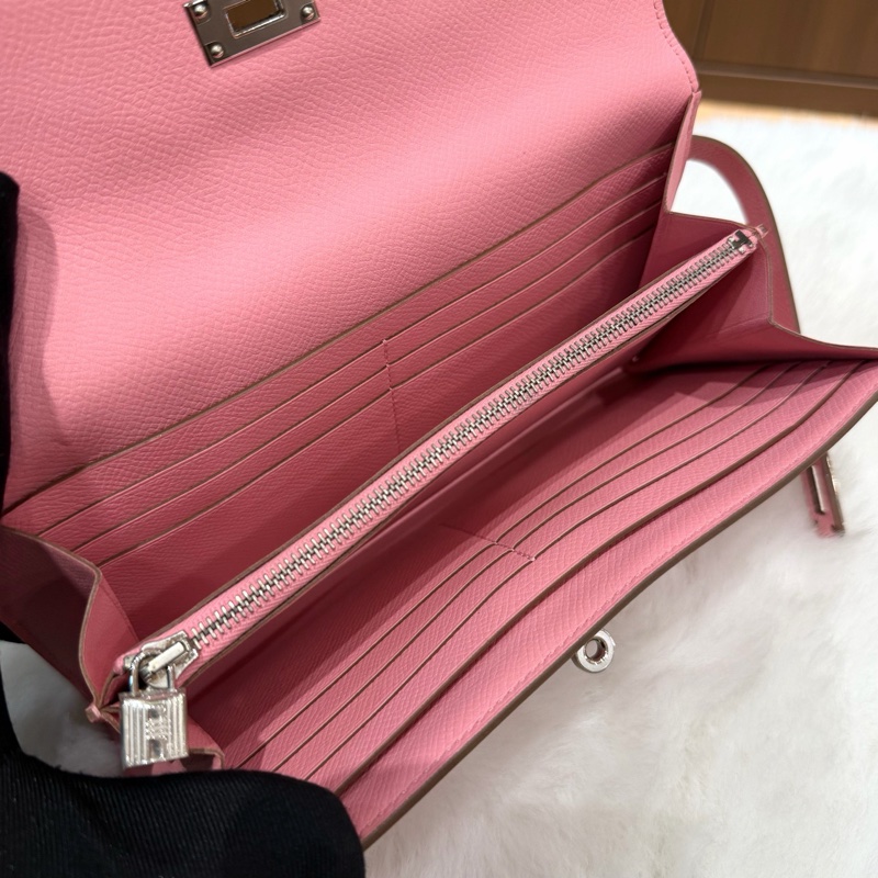 99新 Hermes愛馬仕 奶昔粉銀扣kelly長款錢包X刻 無附件-2