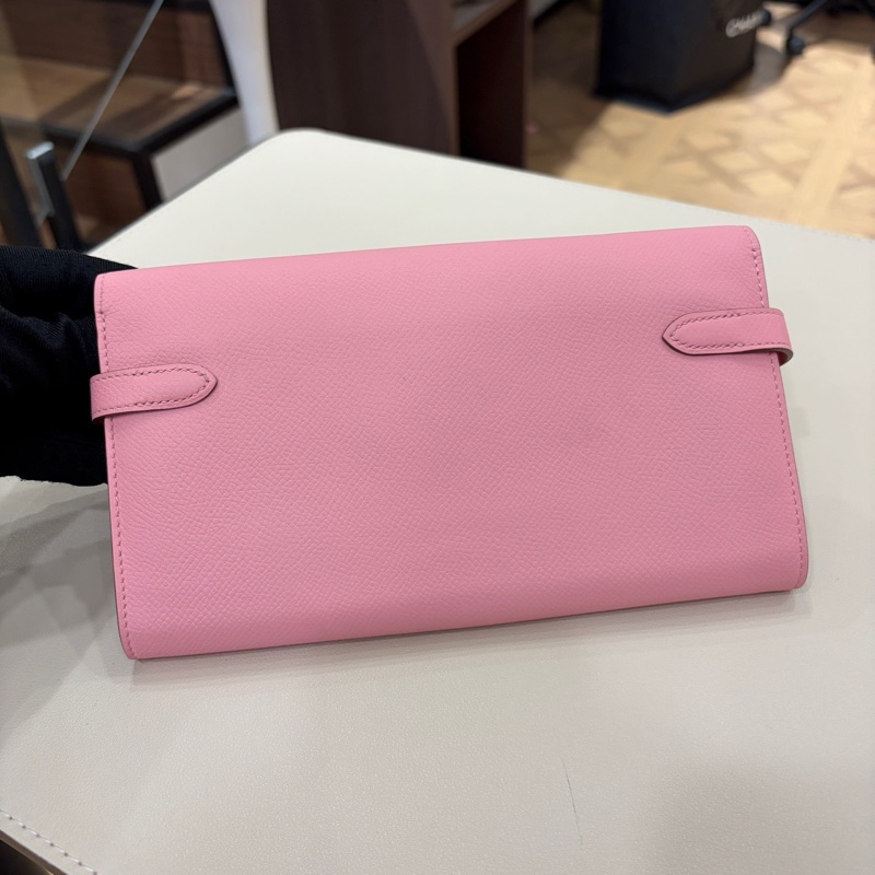 99新 Hermes愛馬仕 奶昔粉銀扣kelly長款錢包X刻 無附件-5