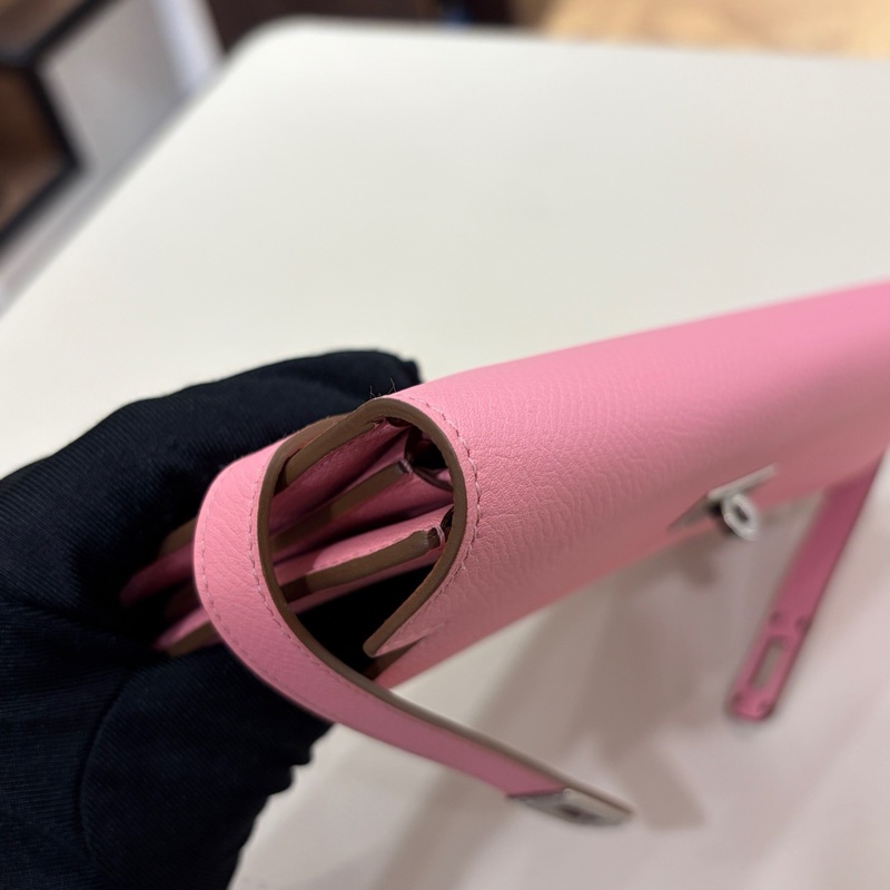 99新 Hermes愛馬仕 奶昔粉銀扣kelly長款錢包X刻 無附件-7