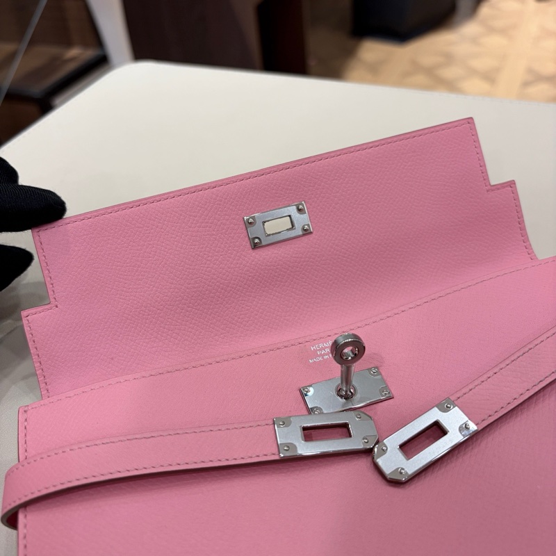 99新 Hermes愛馬仕 奶昔粉銀扣kelly長款錢包X刻 無附件-10