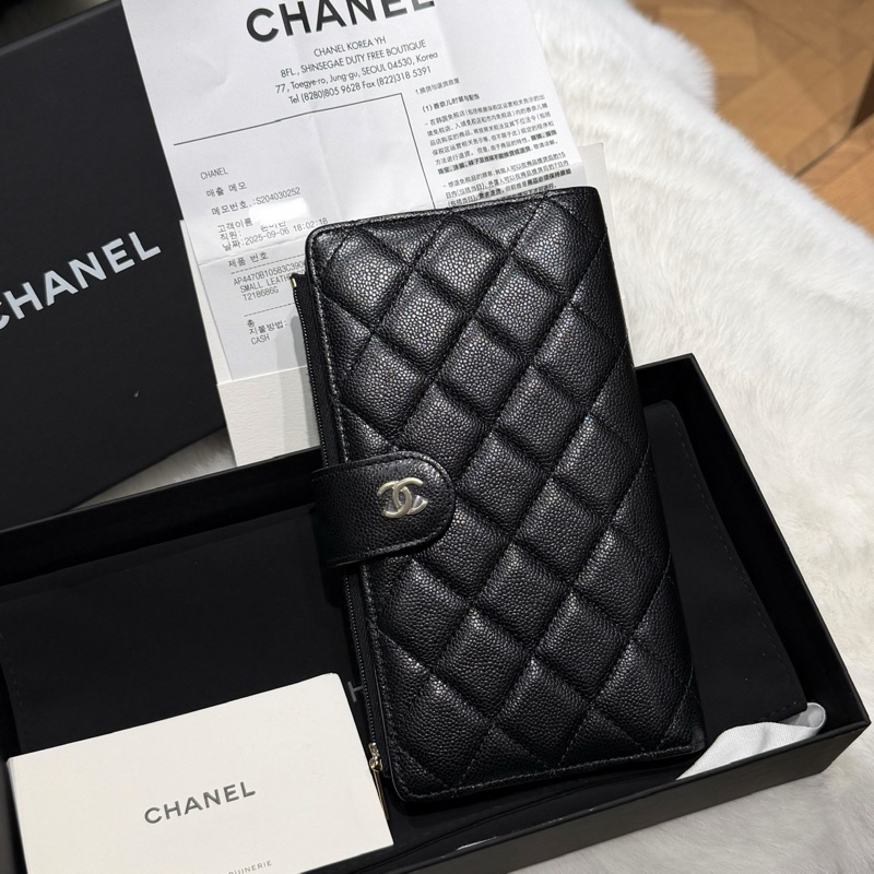 閒置新Chanel香奈兒黑金荔枝牛皮長款錢包卡包 多卡位-0