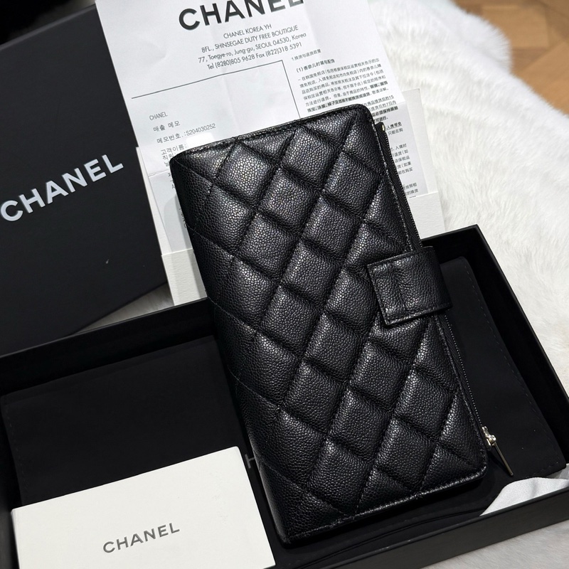 閒置新Chanel香奈兒黑金荔枝牛皮長款錢包卡包 多卡位-1