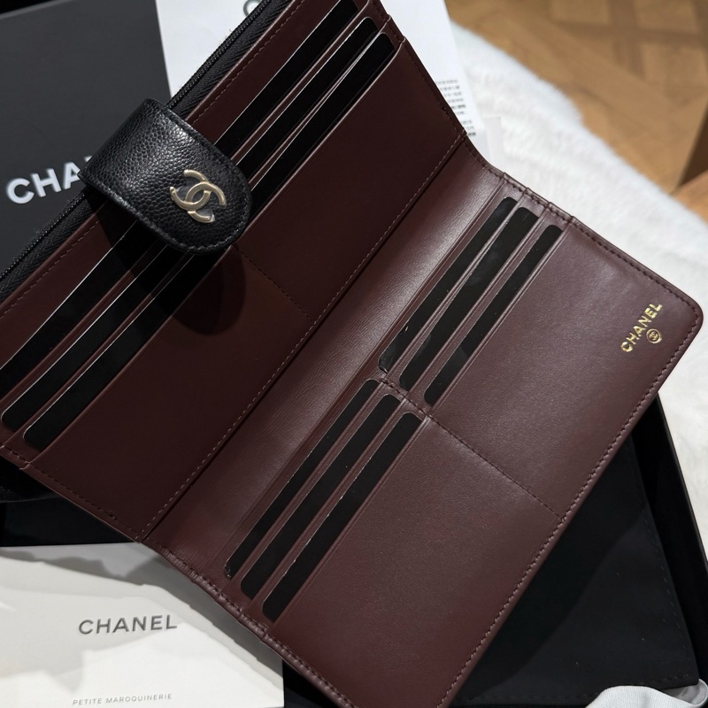 閒置新Chanel香奈兒黑金荔枝牛皮長款錢包卡包 多卡位-2