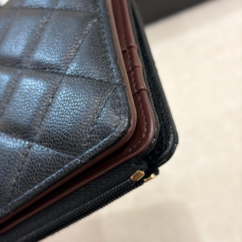 閒置新Chanel香奈兒黑金荔枝牛皮長款錢包卡包 多卡位-7