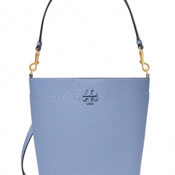 快速出貨!【TORY BURCH】雙T-LOGO素面皮革水桶包-天空藍-4