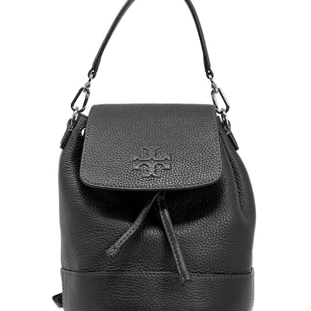 快速出貨!【TORY BURCH】素面皮革翻蓋後背包-黑色-0