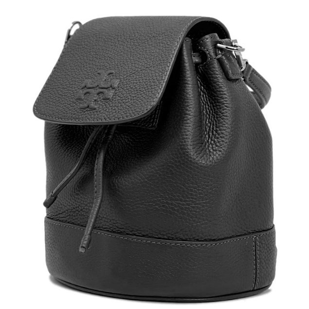 快速出貨!【TORY BURCH】素面皮革翻蓋後背包-黑色-1