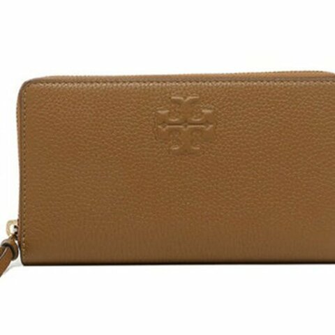 快速出貨！【TORY BURCH】BURCH】素面皮革拉鍊長夾附證件夾-駝色