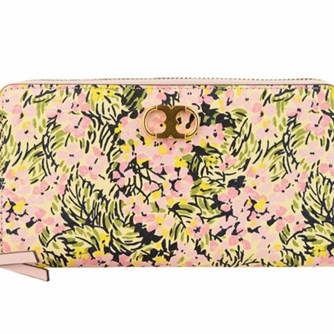 快速出貨！【TORY BURCH】BURCH】花卉皮革拉鏈長夾-粉色