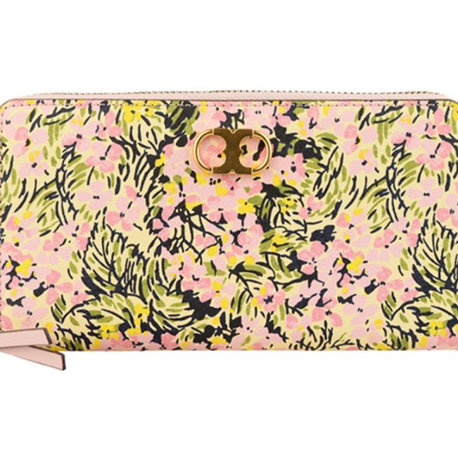 快速出貨!【TORY BURCH】BURCH】花卉皮革拉鏈長夾-粉色-6