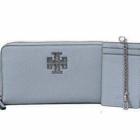 快速出貨！【TORY BURCH】BURCH】荔枝紋皮革拉鍊長夾-灰藍色