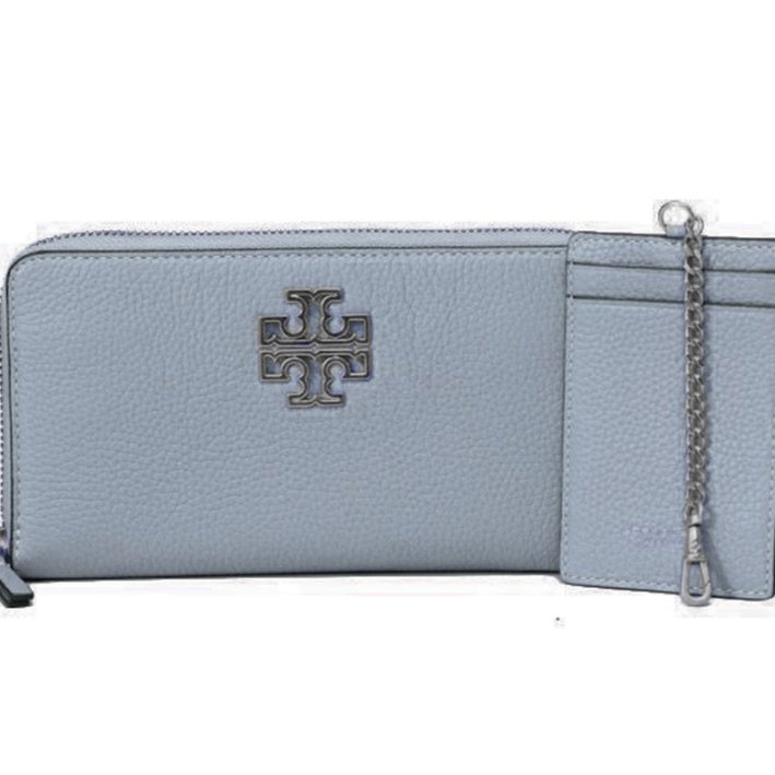 快速出貨！【TORY BURCH】BURCH】荔枝紋皮革拉鍊長夾-灰藍色-0