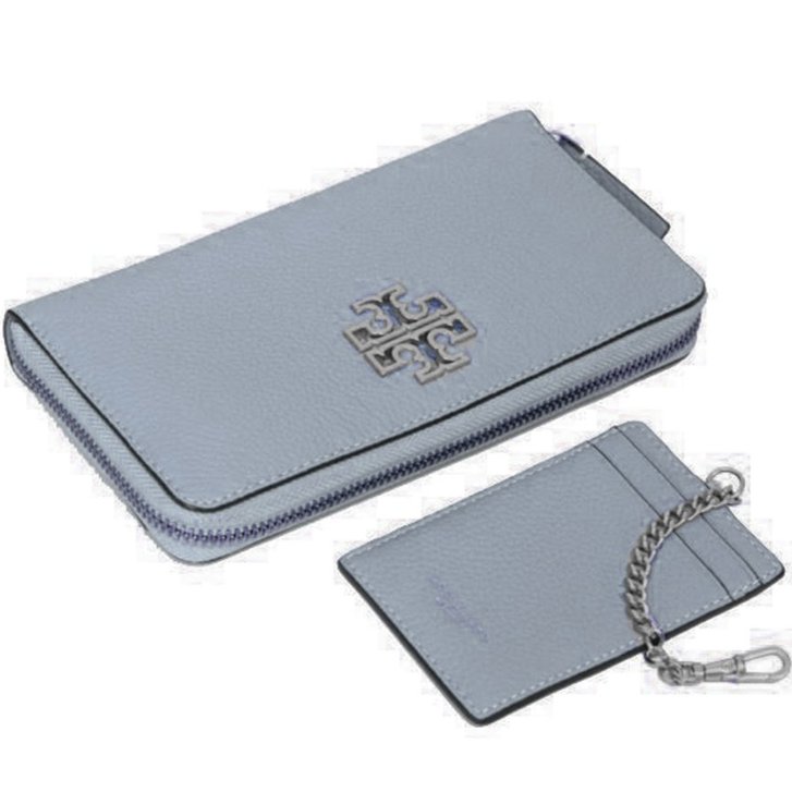 快速出貨！【TORY BURCH】BURCH】荔枝紋皮革拉鍊長夾-灰藍色-1