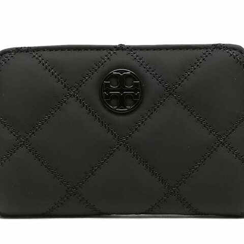 快速出貨！【TORY BURCH】BURCH】BURCH】菱格紋皮革短夾-霧黑色