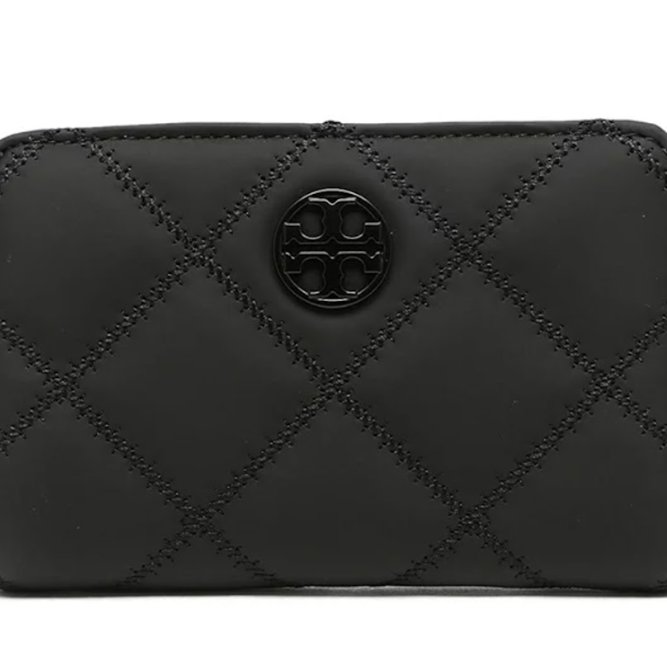 快速出貨！【TORY BURCH】BURCH】BURCH】菱格紋皮革短夾-霧黑色-0