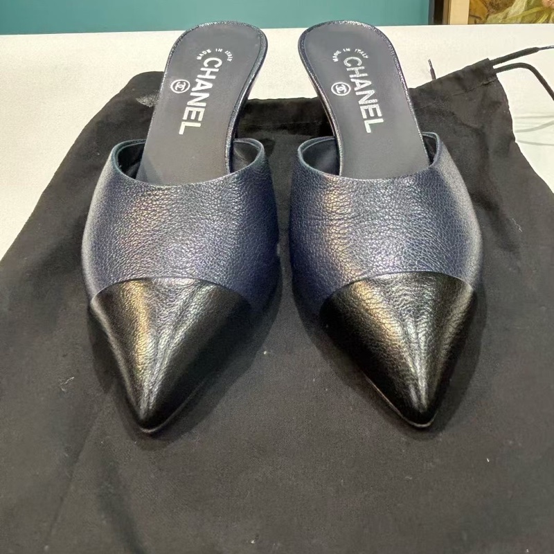 99新Chanel香奈兒 拼皮穆勒高跟鞋 藍色拼黑色 尺寸36.5碼 有塵袋-1
