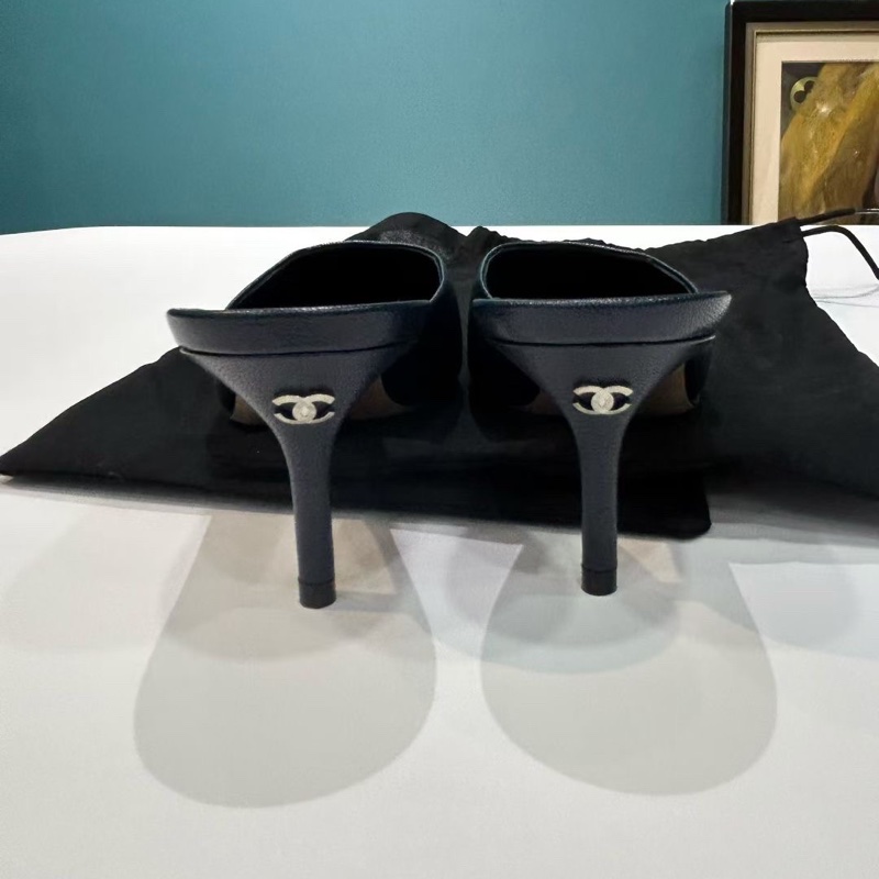 99新Chanel香奈兒 拼皮穆勒高跟鞋 藍色拼黑色 尺寸36.5碼 有塵袋-4