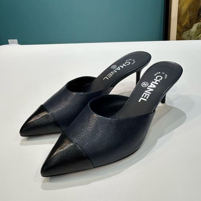 99新Chanel香奈兒 拼皮穆勒高跟鞋 藍色拼黑色 尺寸36.5碼 有塵袋-5