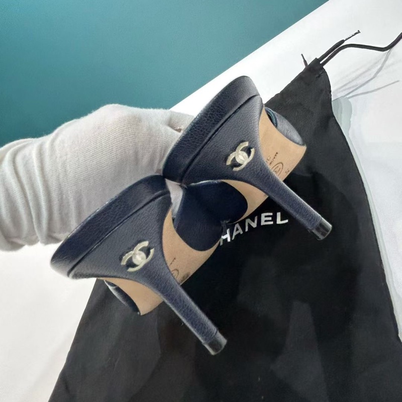 99新Chanel香奈兒 拼皮穆勒高跟鞋 藍色拼黑色 尺寸36.5碼 有塵袋-6