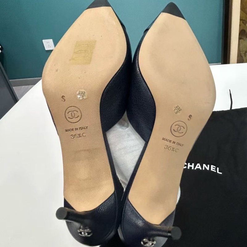 99新Chanel香奈兒 拼皮穆勒高跟鞋 藍色拼黑色 尺寸36.5碼 有塵袋-7