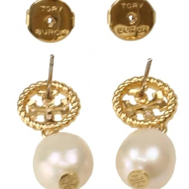 快速出貨！【TORY BURCH】BURCH】BURCH】珍珠造型雙T-LOGO耳環-玫瑰金-0