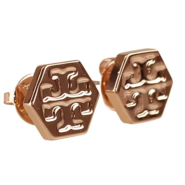 快速出貨！【TORY BURCH】BURCH】BURCH】六角形壓印雙T-LOGO造型耳環-玫瑰金-0