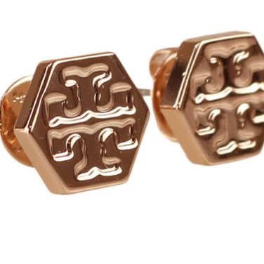 快速出貨！【TORY BURCH】BURCH】BURCH】六角形壓印雙T-LOGO造型耳環-玫瑰金-2