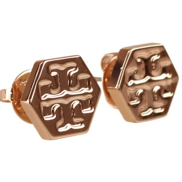 快速出貨！【TORY BURCH】BURCH】BURCH】六角形壓印雙T-LOGO造型耳環-玫瑰金-5