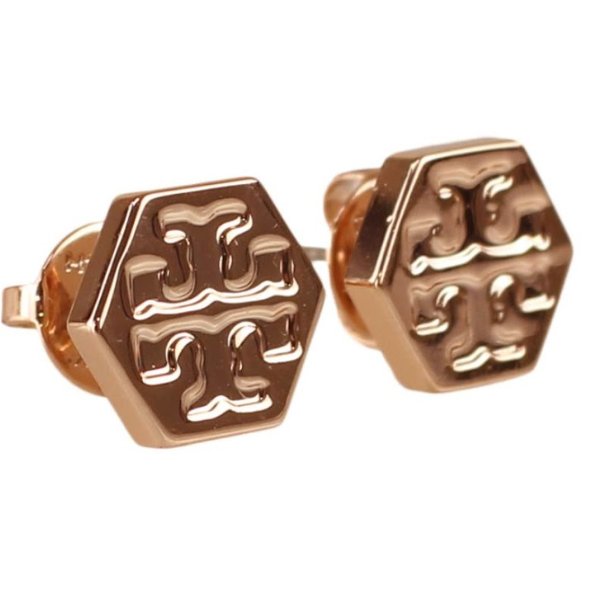 快速出貨！【TORY BURCH】BURCH】BURCH】六角形壓印雙T-LOGO造型耳環-玫瑰金-6