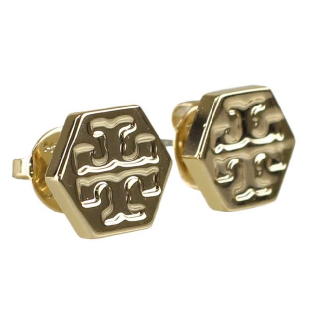 快速出貨！【TORY BURCH】BURCH】BURCH】六角形壓印雙T-LOGO造型耳環-金色-0