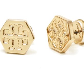 快速出貨！【TORY BURCH】BURCH】BURCH】六角形壓印雙T-LOGO造型耳環-金色-2