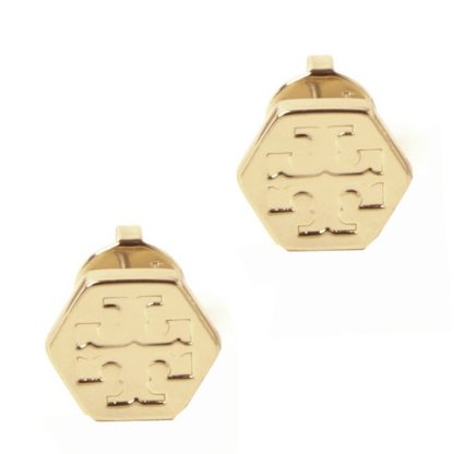 快速出貨！【TORY BURCH】BURCH】BURCH】六角形壓印雙T-LOGO造型耳環-金色-3