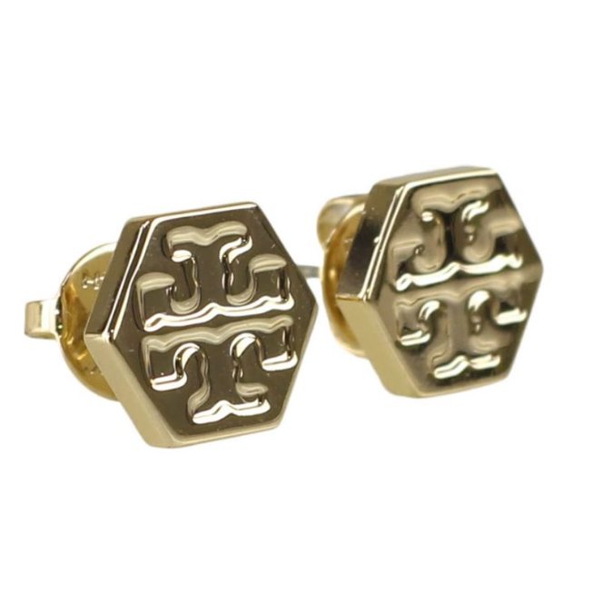 快速出貨！【TORY BURCH】BURCH】BURCH】六角形壓印雙T-LOGO造型耳環-金色-4