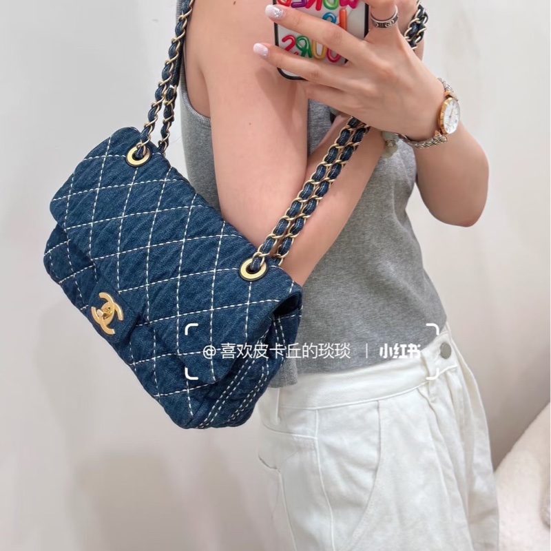 Chanel外縫線CF鏈條包 牛仔布 金扣26*16*7 98新配件塵袋保卡-0