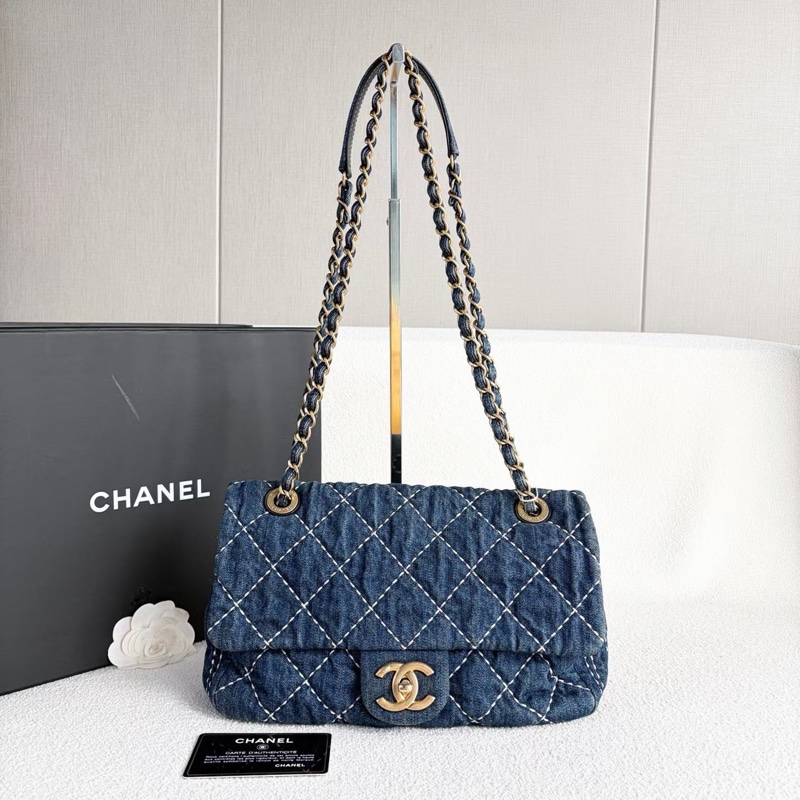 Chanel外縫線CF鏈條包 牛仔布 金扣26*16*7 98新配件塵袋保卡-1