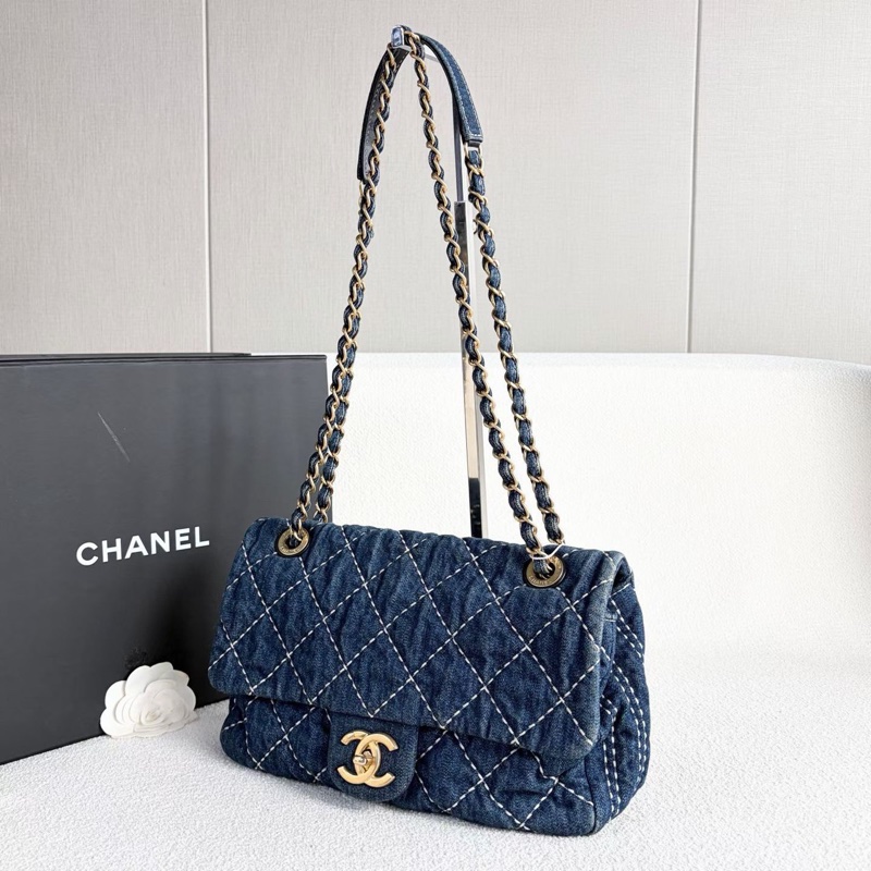 Chanel外縫線CF鏈條包 牛仔布 金扣26*16*7 98新配件塵袋保卡-3