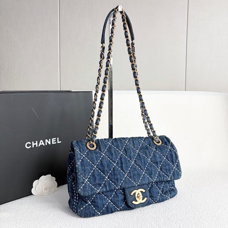 Chanel外縫線CF鏈條包 牛仔布 金扣26*16*7 98新配件塵袋保卡-5