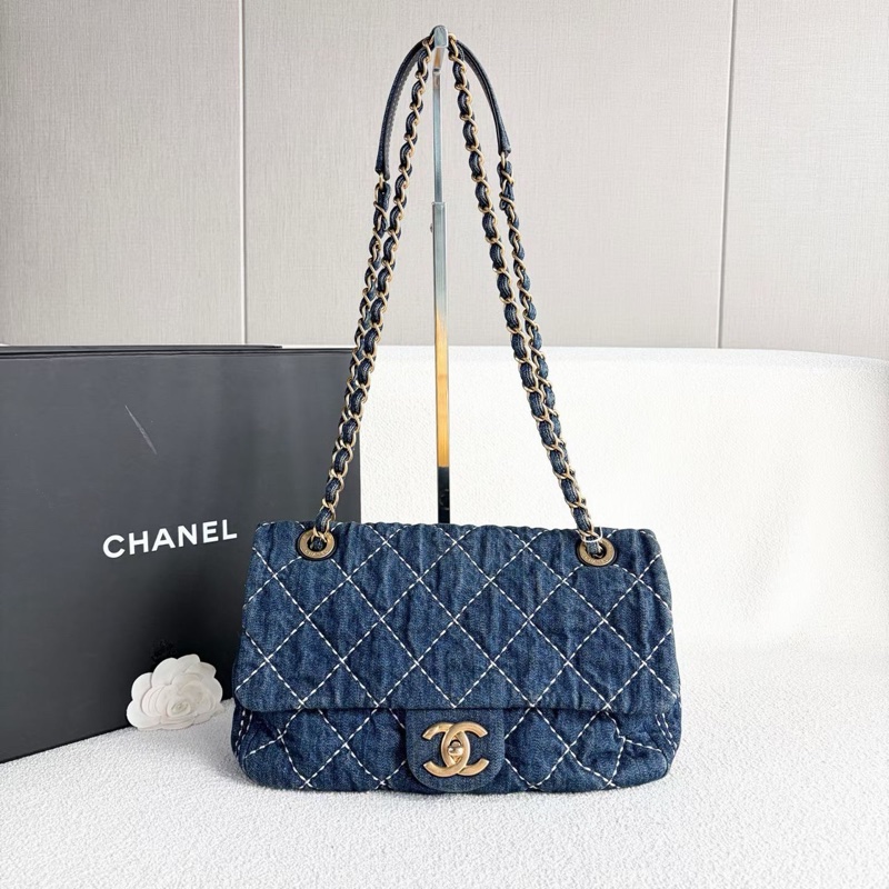 Chanel外縫線CF鏈條包 牛仔布 金扣26*16*7 98新配件塵袋保卡-6