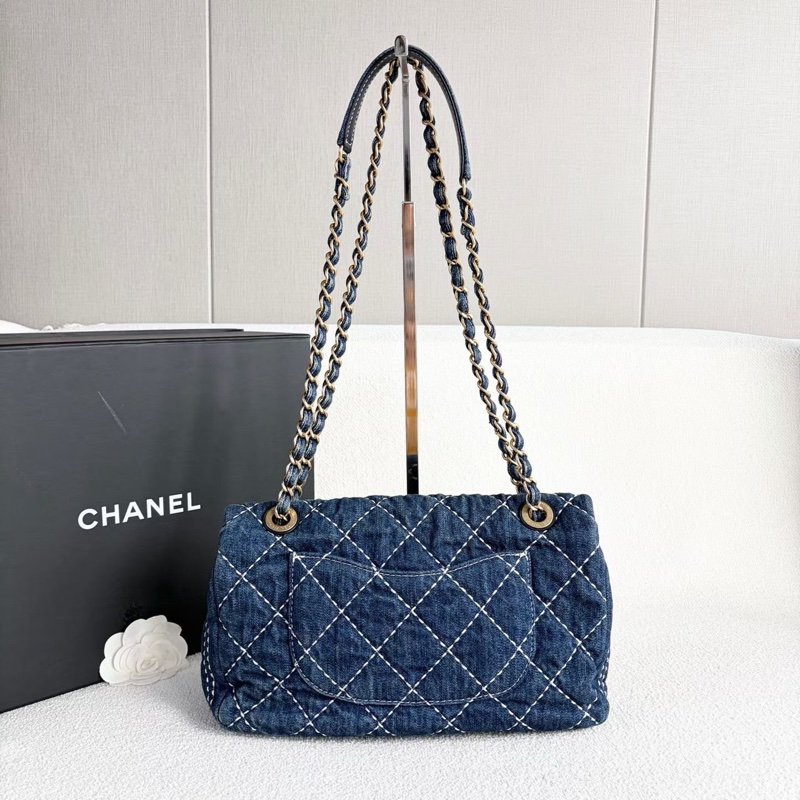 Chanel外縫線CF鏈條包 牛仔布 金扣26*16*7 98新配件塵袋保卡-7