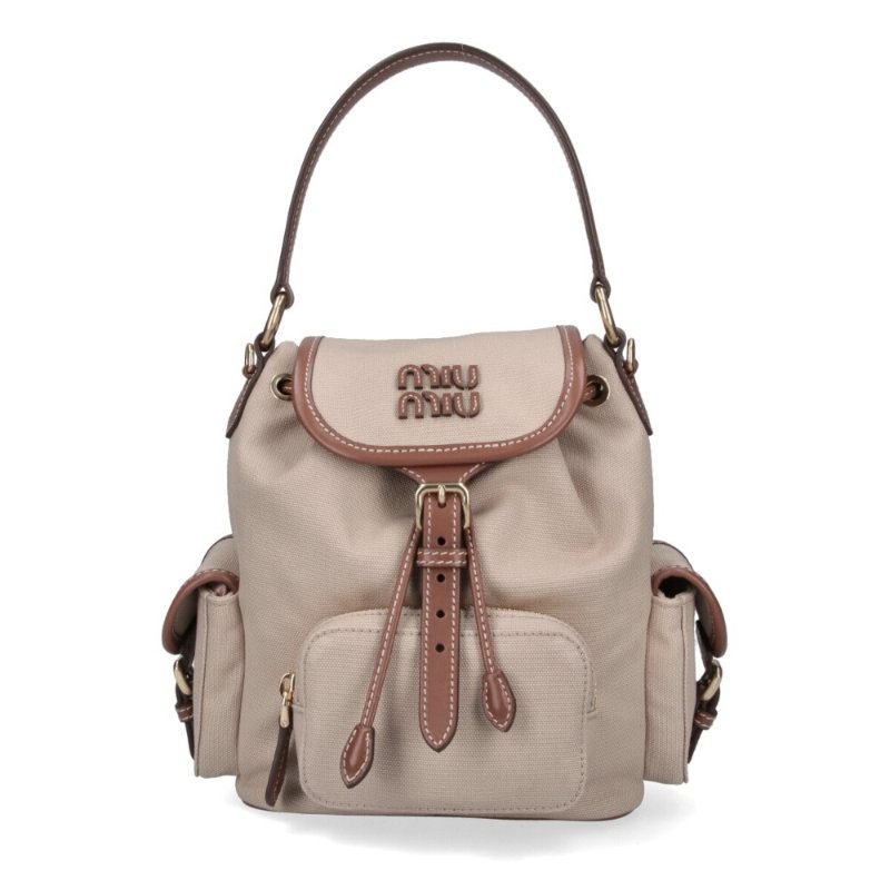 【MIU MIU】Backpack 中號 帆布 皮革 後背包 帆船繩米色 白蘭地色 5BZ043-0